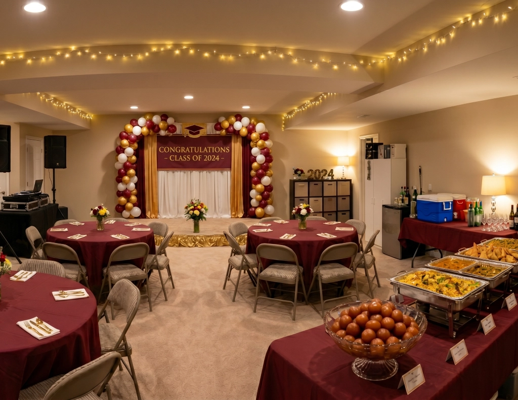 Graduation celebration with balloon arch and banquet styling