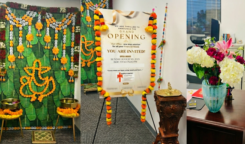 Grand opening celebration with marigold garlands and welcome signage