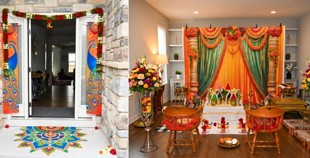 Festive entrance decor and indoor mandap ceremony setup