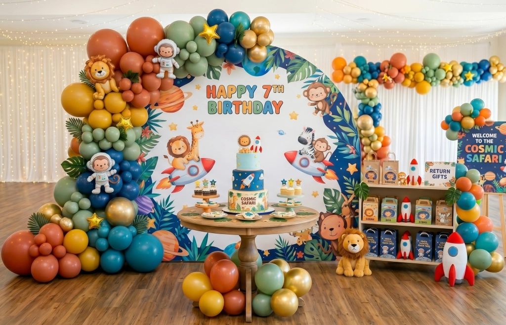 Cosmic Safari themed birthday party backdrop and balloon arch
