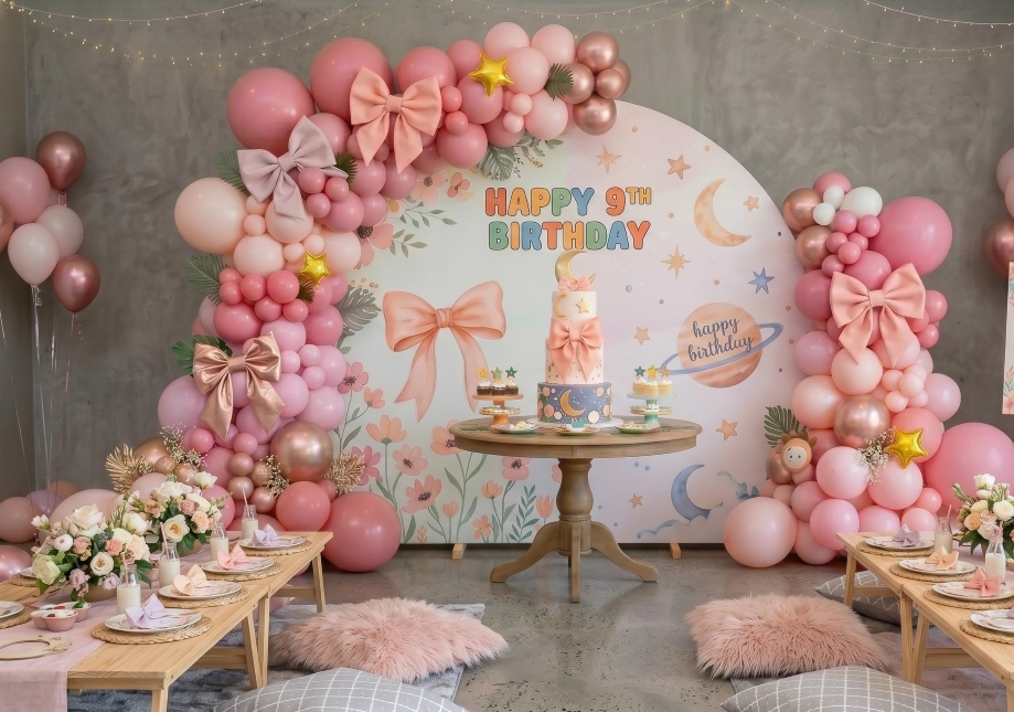 Cosmic Bow and Garden Fiesta birthday celebration decor