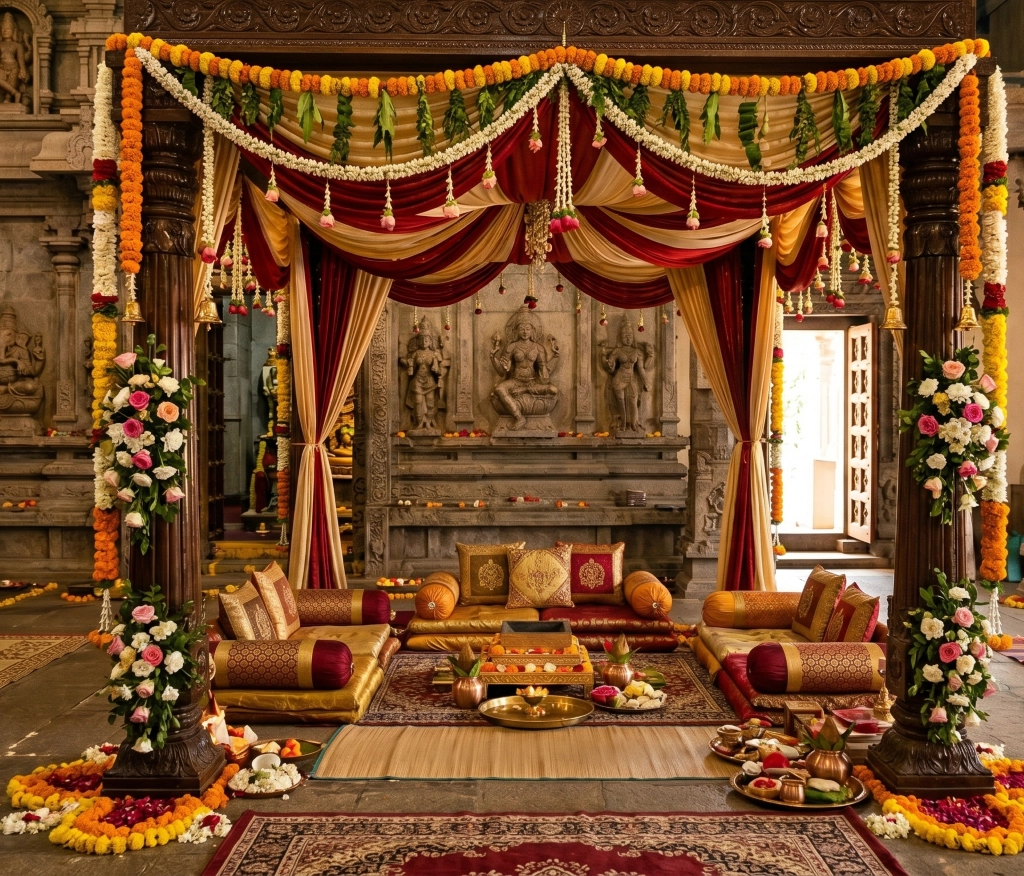 Valakappu baby shower ceremony with traditional floral backdrop