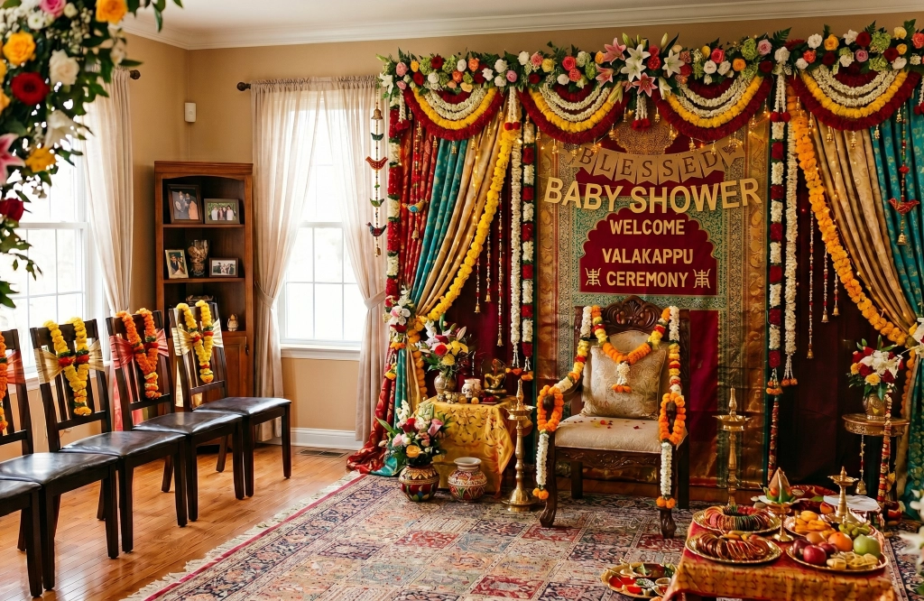 Heritage wedding mandap with marigold garlands and brass accents